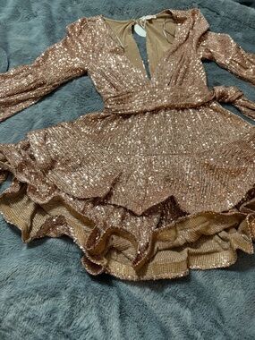 Sequined Rose Gold Long-Sleeve Wrap Dress